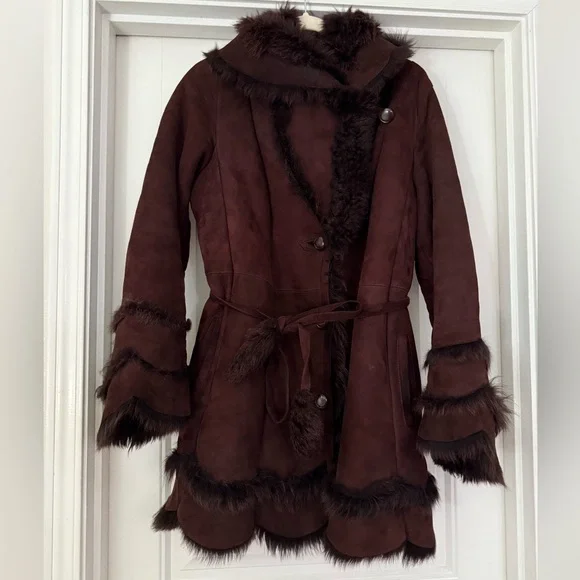 RARE Vintage Suede Shearling HEAVY COAT super warm made in USA Fit & Flare sz L - Picture 16 of 17
